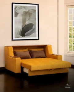 کاناپه مدل اکسان new در حالت بازشده به شکل تخت‌خواب با باکس جادار زیر نشیمن