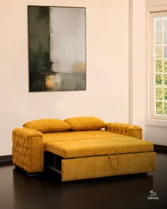 تصویر مبل تخت خوابشو دو نفره ریلی مدل ۱۴۰ در حالت کاملاً تخت‌شده با ابعاد ۱۴۰ در ۱۹۰ سانتی‌متر، مناسب برای خواب راحت شبانه