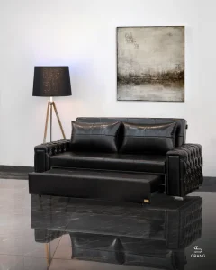 نمایی از مبل تخت‌خواب‌شو ریلی ۲ نفره با طراحی دسته چستر، در حالت نشیمن، مناسب برای دکوراسیون مدرن و کلاسیک