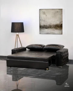 تصویر مبل تخت‌خواب‌شو ریلی ۲ نفره با طراحی چستر در حالت تخت‌شده، مناسب برای خواب راحت دو نفر در فضای کم خانه‌های مدرن